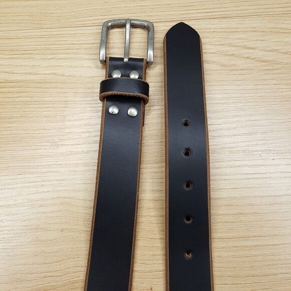 LUCKY BRAND Belt Mens Size 40 Black Leather Raw Edge Silver Buckle - Picture 1 of 5